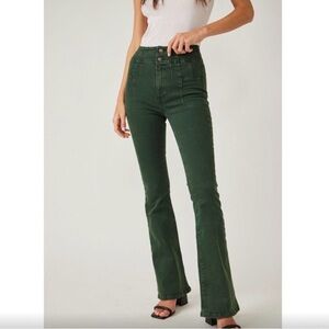 Free People Dark Green High-Rise Flare Jeans